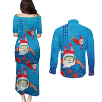Hawaiian Santa Claus Snorkeling Couples Matching Puletasi and Long Sleeve Button Shirt Kakau and Polynesian Pattern