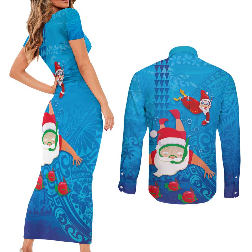 Hawaiian Santa Claus Snorkeling Couples Matching Short Sleeve Bodycon Dress and Long Sleeve Button Shirt Kakau and Polynesian Pattern