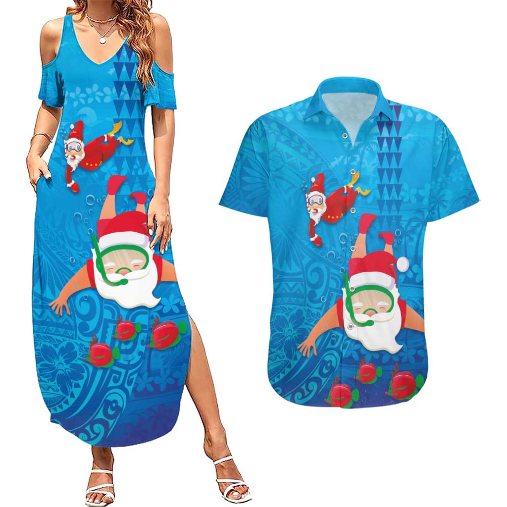 Hawaiian Santa Claus Snorkeling Couples Matching Summer Maxi Dress and Hawaiian Shirt Kakau and Polynesian Pattern