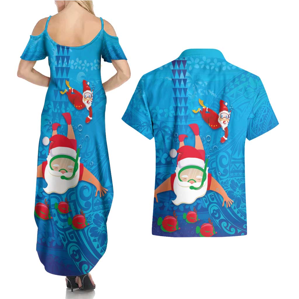 Hawaiian Santa Claus Snorkeling Couples Matching Summer Maxi Dress and Hawaiian Shirt Kakau and Polynesian Pattern