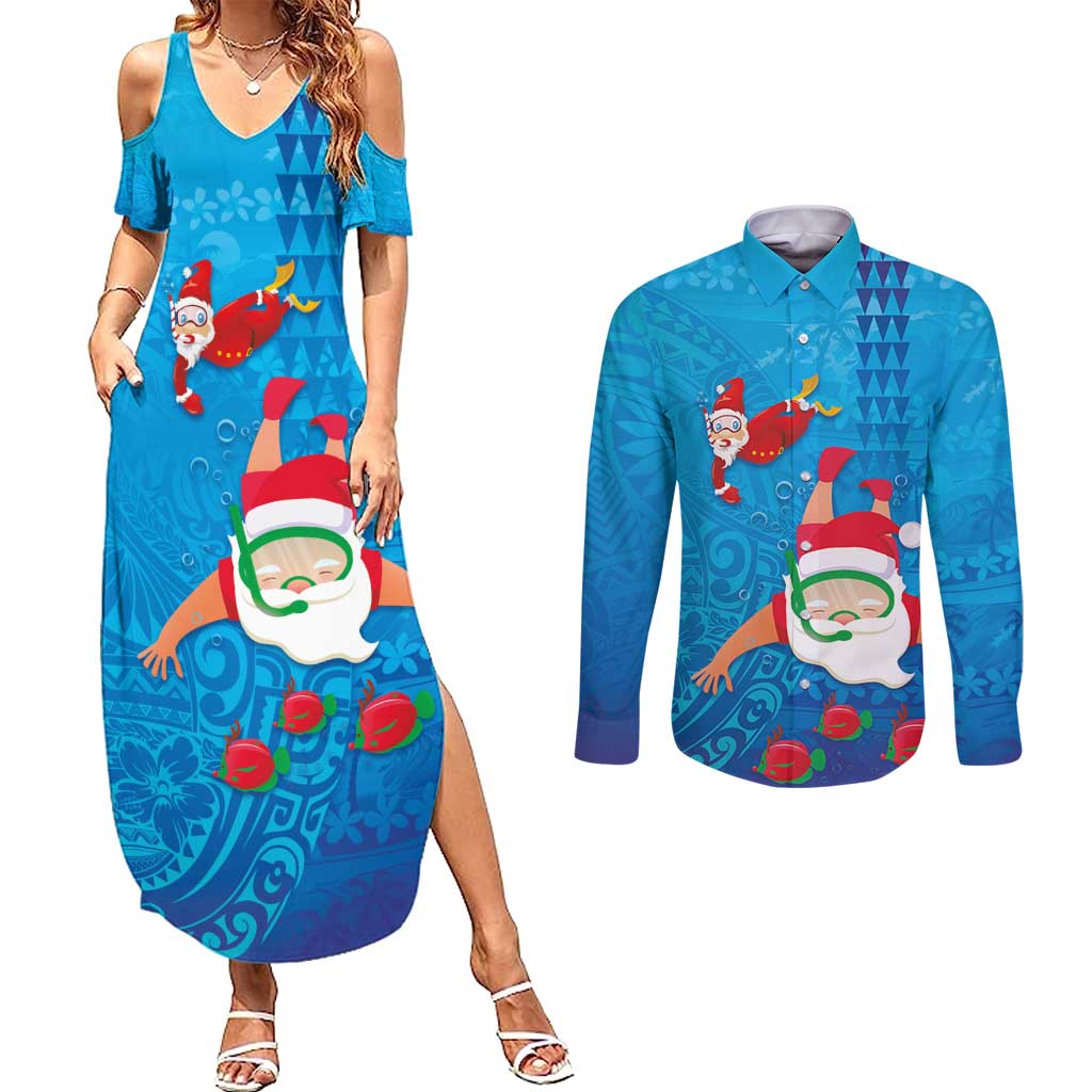 Hawaiian Santa Claus Snorkeling Couples Matching Summer Maxi Dress and Long Sleeve Button Shirt Kakau and Polynesian Pattern
