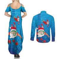 Hawaiian Santa Claus Snorkeling Couples Matching Summer Maxi Dress and Long Sleeve Button Shirt Kakau and Polynesian Pattern