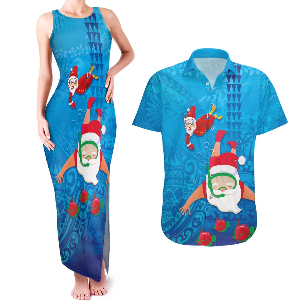 Hawaiian Santa Claus Snorkeling Couples Matching Tank Maxi Dress and Hawaiian Shirt Kakau and Polynesian Pattern