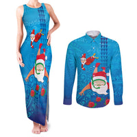 Hawaiian Santa Claus Snorkeling Couples Matching Tank Maxi Dress and Long Sleeve Button Shirt Kakau and Polynesian Pattern