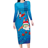 Hawaiian Santa Claus Snorkeling Family Matching Long Sleeve Bodycon Dress and Hawaiian Shirt Kakau and Polynesian Pattern LT03 Mom's Dress Blue - Polynesian Pride