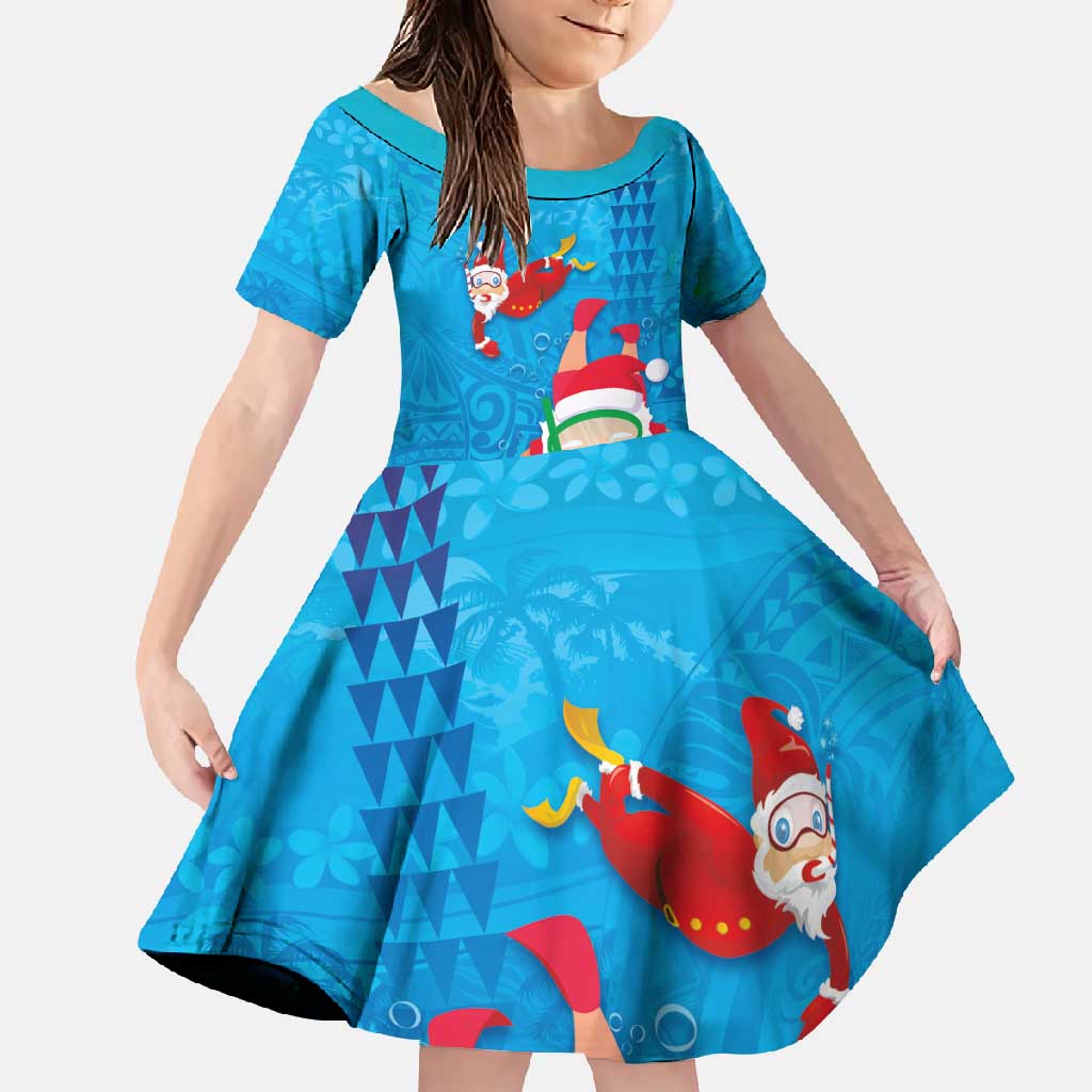 Hawaiian Santa Claus Snorkeling Family Matching Off Shoulder Maxi Dress and Hawaiian Shirt Kakau and Polynesian Pattern