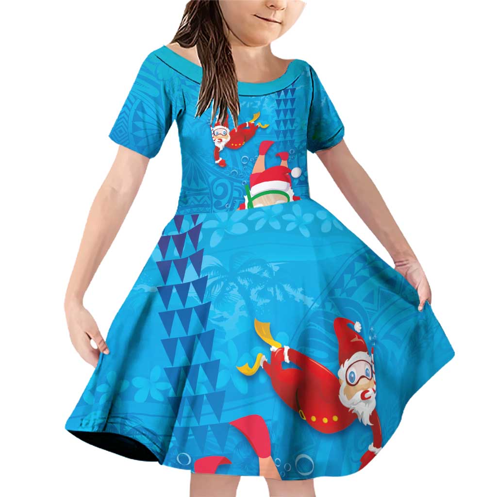 Hawaiian Santa Claus Snorkeling Family Matching Off Shoulder Short Dress and Hawaiian Shirt Kakau and Polynesian Pattern