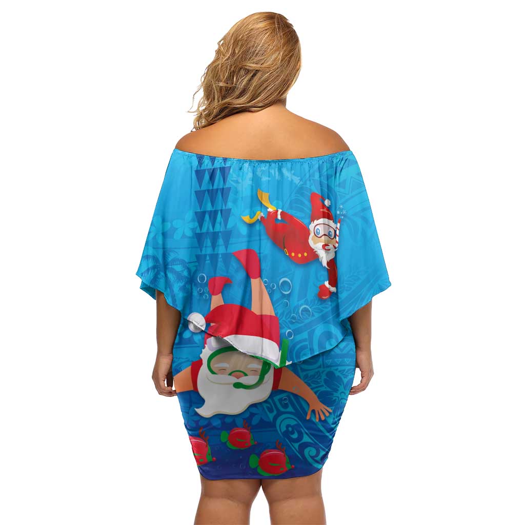 Hawaiian Santa Claus Snorkeling Family Matching Off Shoulder Short Dress and Hawaiian Shirt Kakau and Polynesian Pattern