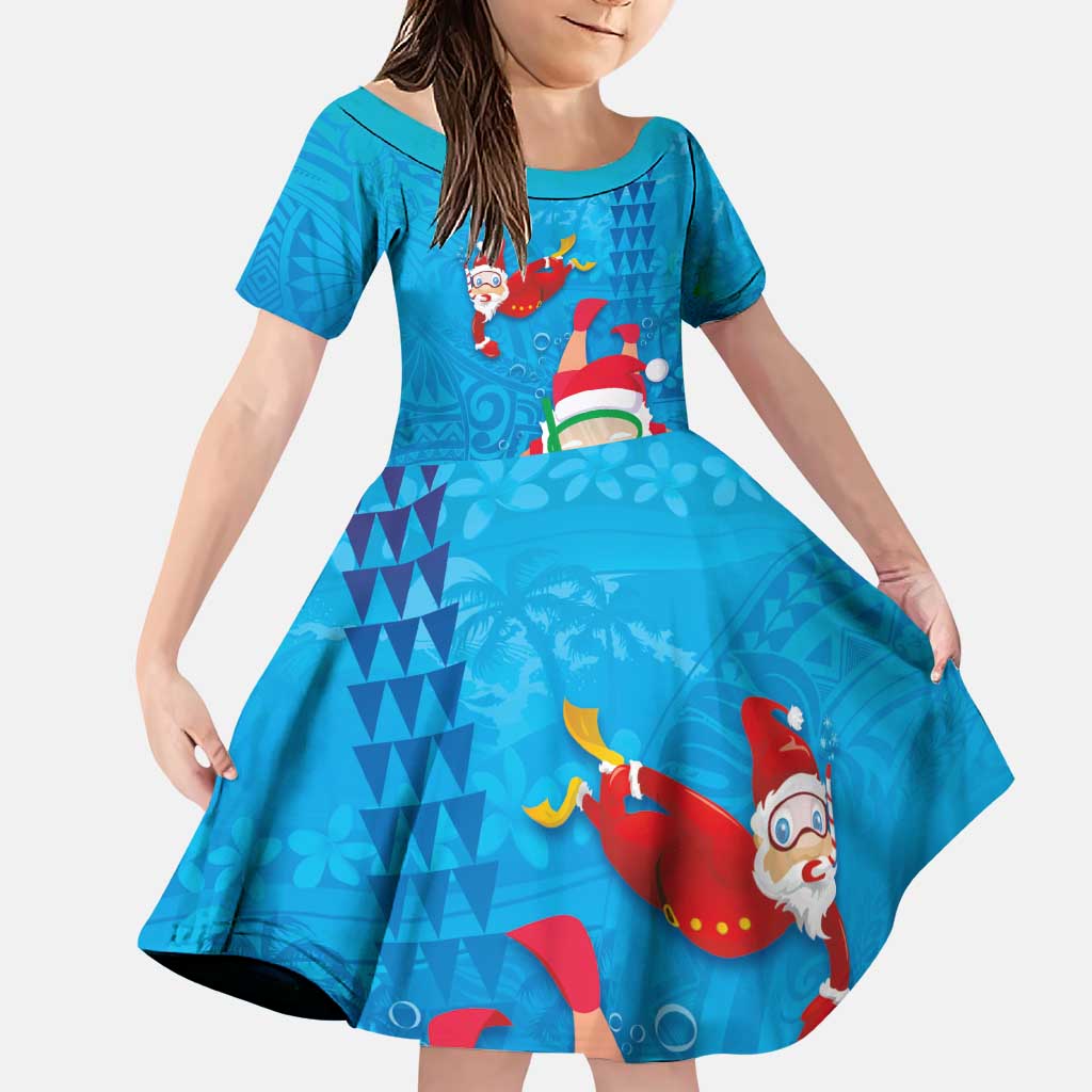 Hawaiian Santa Claus Snorkeling Family Matching Puletasi and Hawaiian Shirt Kakau and Polynesian Pattern LT03 Daughter's Dress Blue - Polynesian Pride