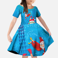 Hawaiian Santa Claus Snorkeling Family Matching Puletasi and Hawaiian Shirt Kakau and Polynesian Pattern LT03 Daughter's Dress Blue - Polynesian Pride