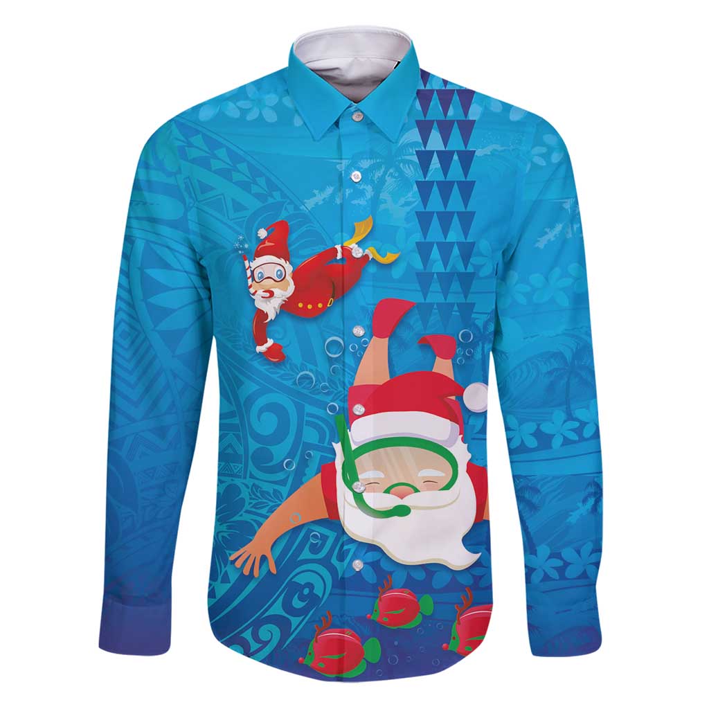 Hawaiian Santa Claus Snorkeling Family Matching Puletasi and Hawaiian Shirt Kakau and Polynesian Pattern LT03 Dad's Shirt - Long Sleeve Blue - Polynesian Pride