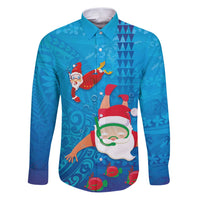 Hawaiian Santa Claus Snorkeling Family Matching Puletasi and Hawaiian Shirt Kakau and Polynesian Pattern LT03 Dad's Shirt - Long Sleeve Blue - Polynesian Pride