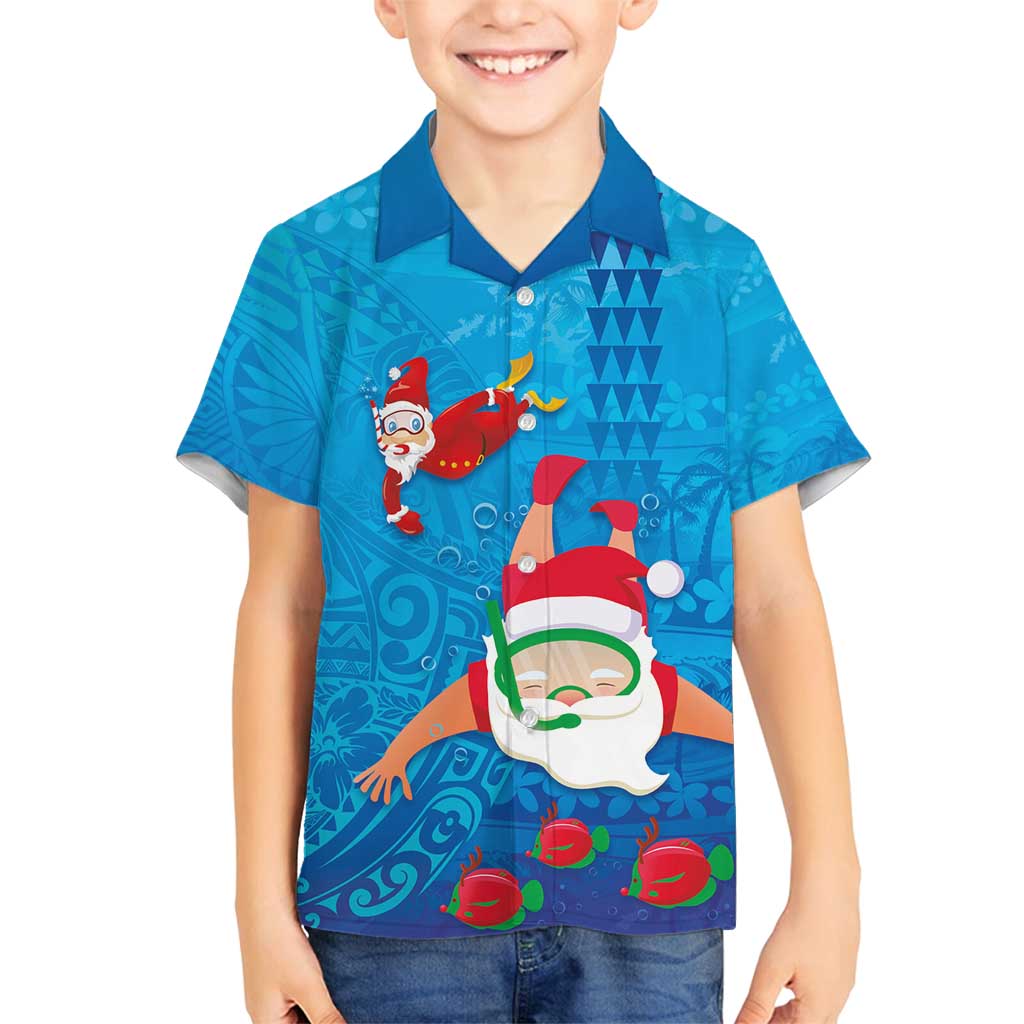 Hawaiian Santa Claus Snorkeling Family Matching Puletasi and Hawaiian Shirt Kakau and Polynesian Pattern LT03 Son's Shirt Blue - Polynesian Pride