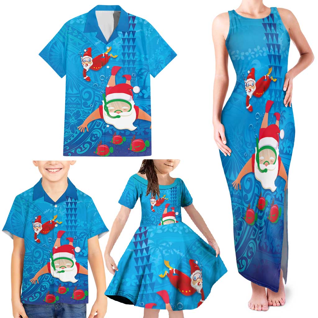 Hawaiian Santa Claus Snorkeling Family Matching Tank Maxi Dress and Hawaiian Shirt Kakau and Polynesian Pattern