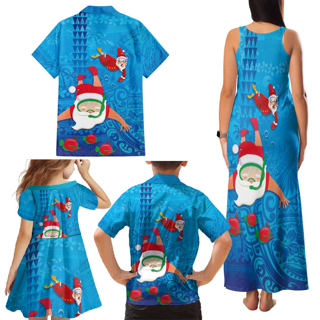 Hawaiian Santa Claus Snorkeling Family Matching Tank Maxi Dress and Hawaiian Shirt Kakau and Polynesian Pattern