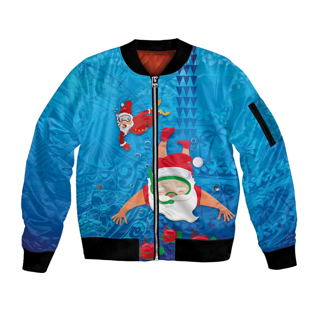 Hawaiian Santa Claus Snorkeling Sleeve Zip Bomber Jacket Kakau and Polynesian Pattern