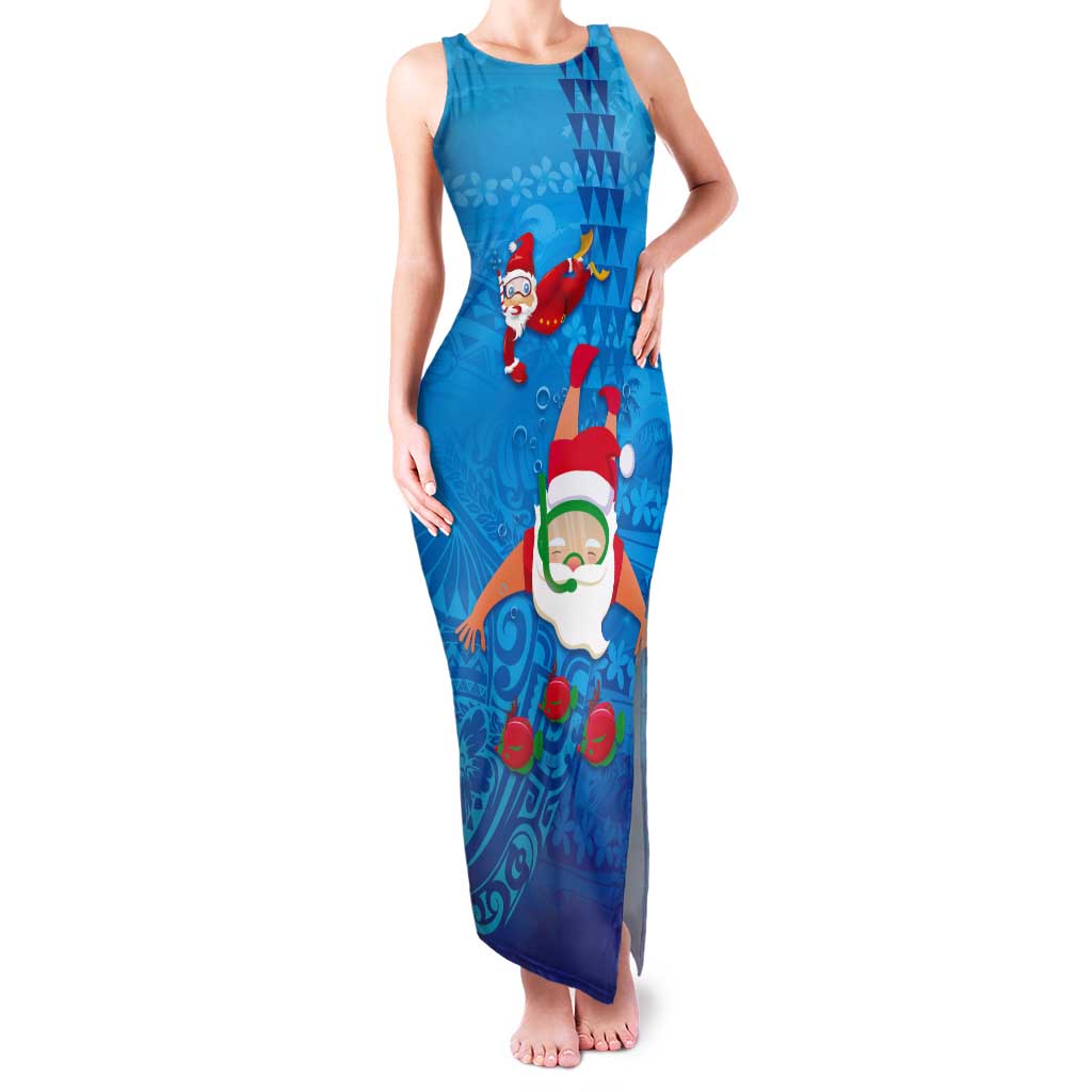 Hawaiian Santa Claus Snorkeling Tank Maxi Dress Kakau and Polynesian Pattern