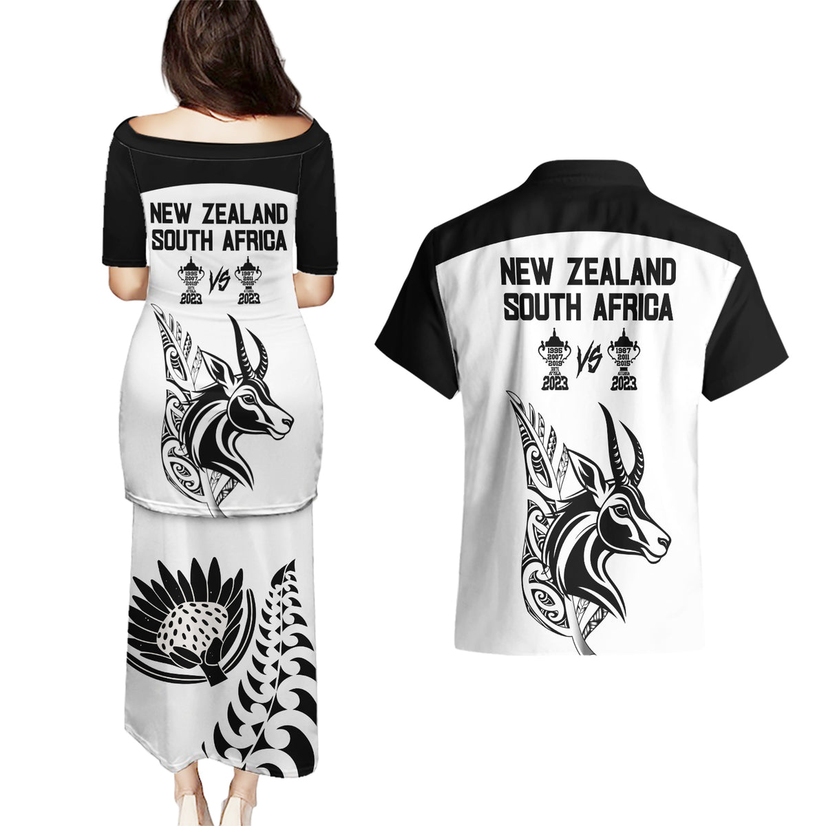 South Africa and New Zealand Couples Matching Puletasi Dress and Hawaiian Shirt Champion History Go Final 2023 Vintage Style LT03 - Polynesian Pride