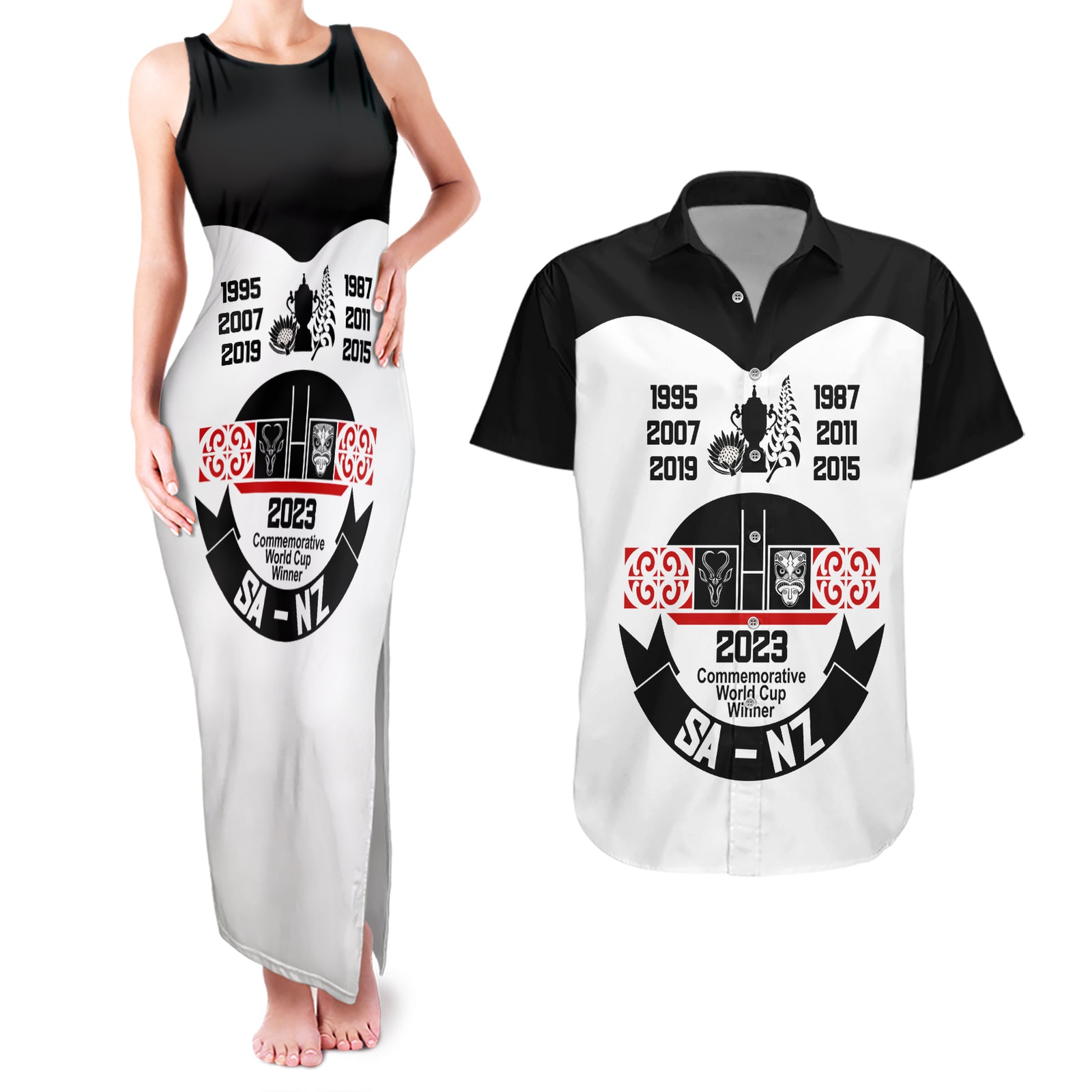South Africa and New Zealand Couples Matching Tank Maxi Dress and Hawaiian Shirt Champion History Go Final 2023 Vintage Style LT03 White - Polynesian Pride
