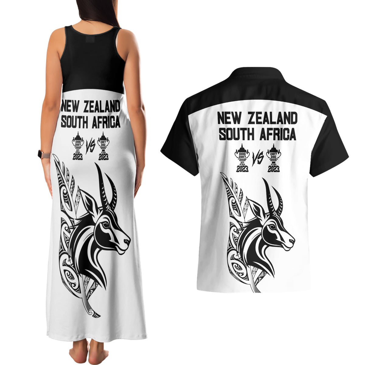 South Africa and New Zealand Couples Matching Tank Maxi Dress and Hawaiian Shirt Champion History Go Final 2023 Vintage Style LT03 - Polynesian Pride