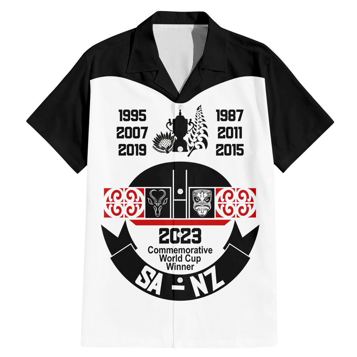 South Africa and New Zealand Family Matching Mermaid Dress and Hawaiian Shirt Champion History Go Final 2023 Vintage Style LT03 Dad's Shirt - Short Sleeve White - Polynesian Pride