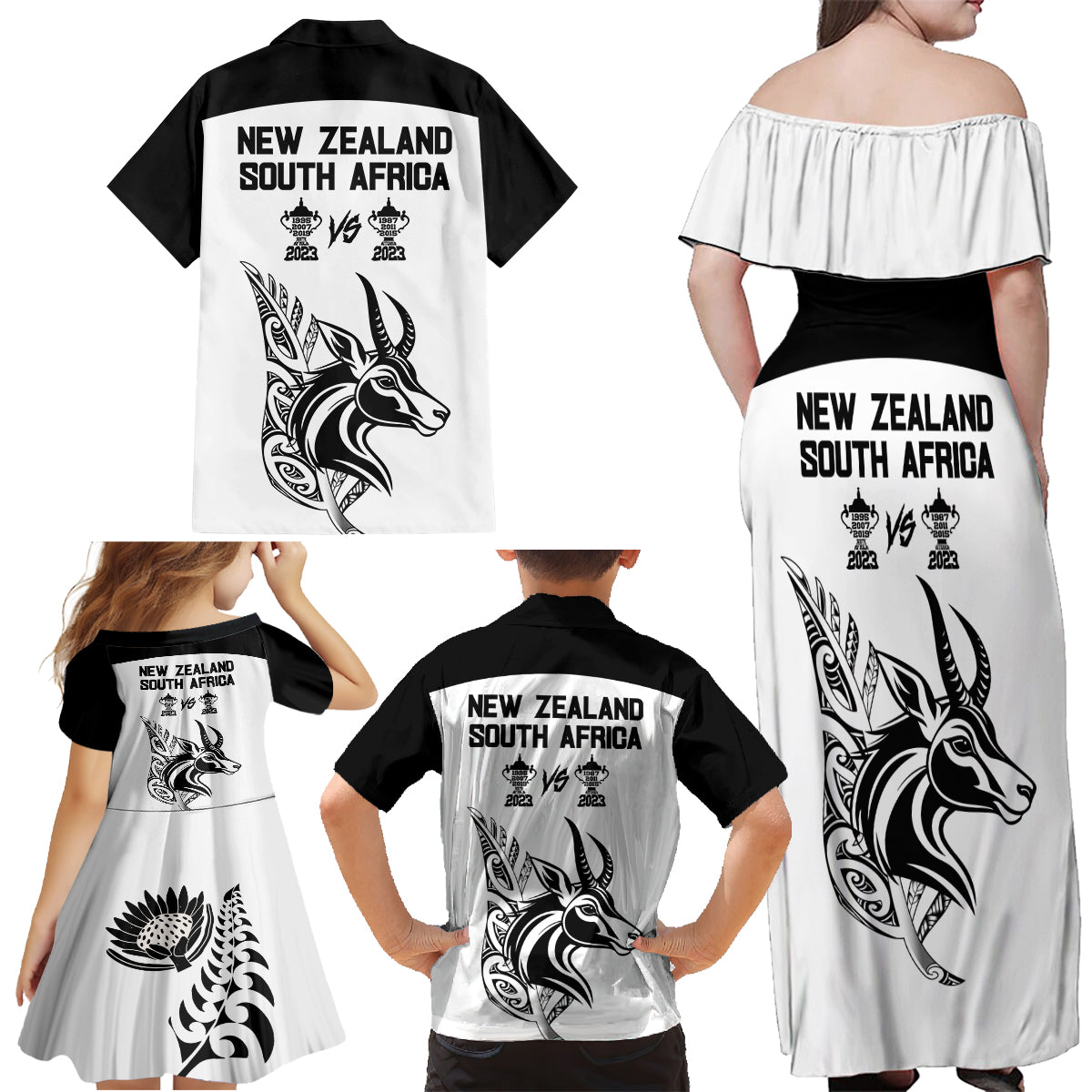 South Africa and New Zealand Family Matching Off Shoulder Maxi Dress and Hawaiian Shirt Champion History Go Final 2023 Vintage Style LT03 - Polynesian Pride