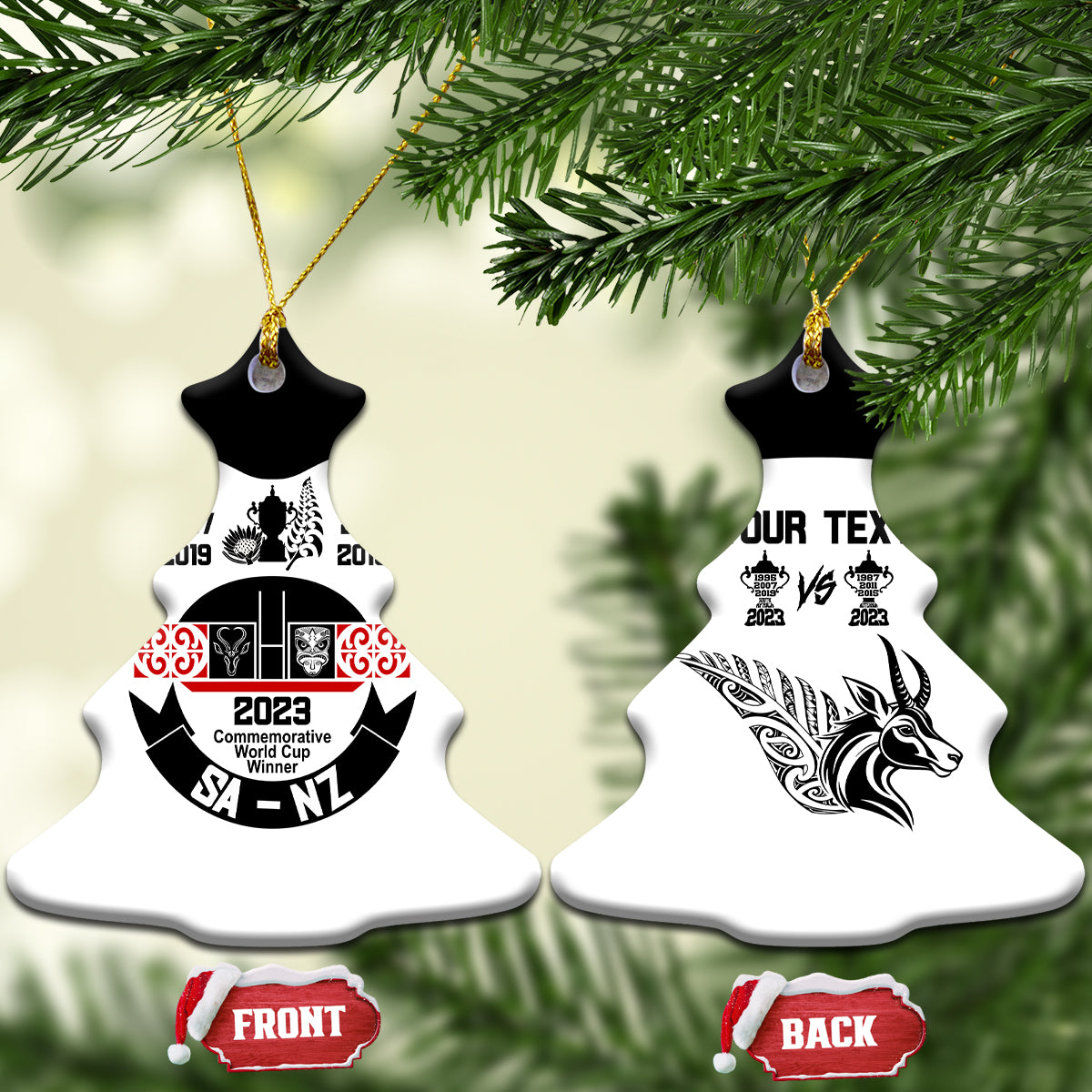 Personalised South Africa and New Zealand Ceramic Ornament Champion History Go Final 2023 Vintage Style LT03 Christmas Tree White - Polynesian Pride