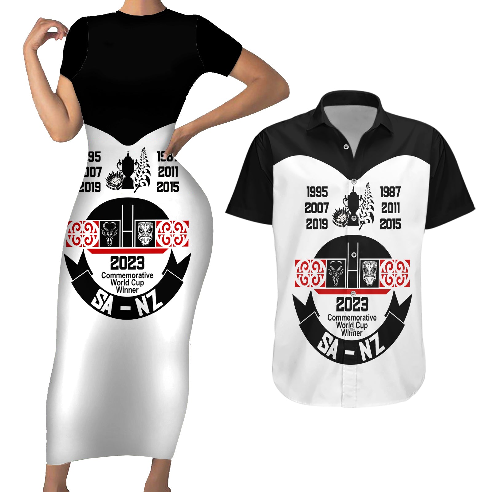 Personalised South Africa and New Zealand Couples Matching Short Sleeve Bodycon Dress and Hawaiian Shirt Champion History Go Final 2023 Vintage Style LT03 White - Polynesian Pride