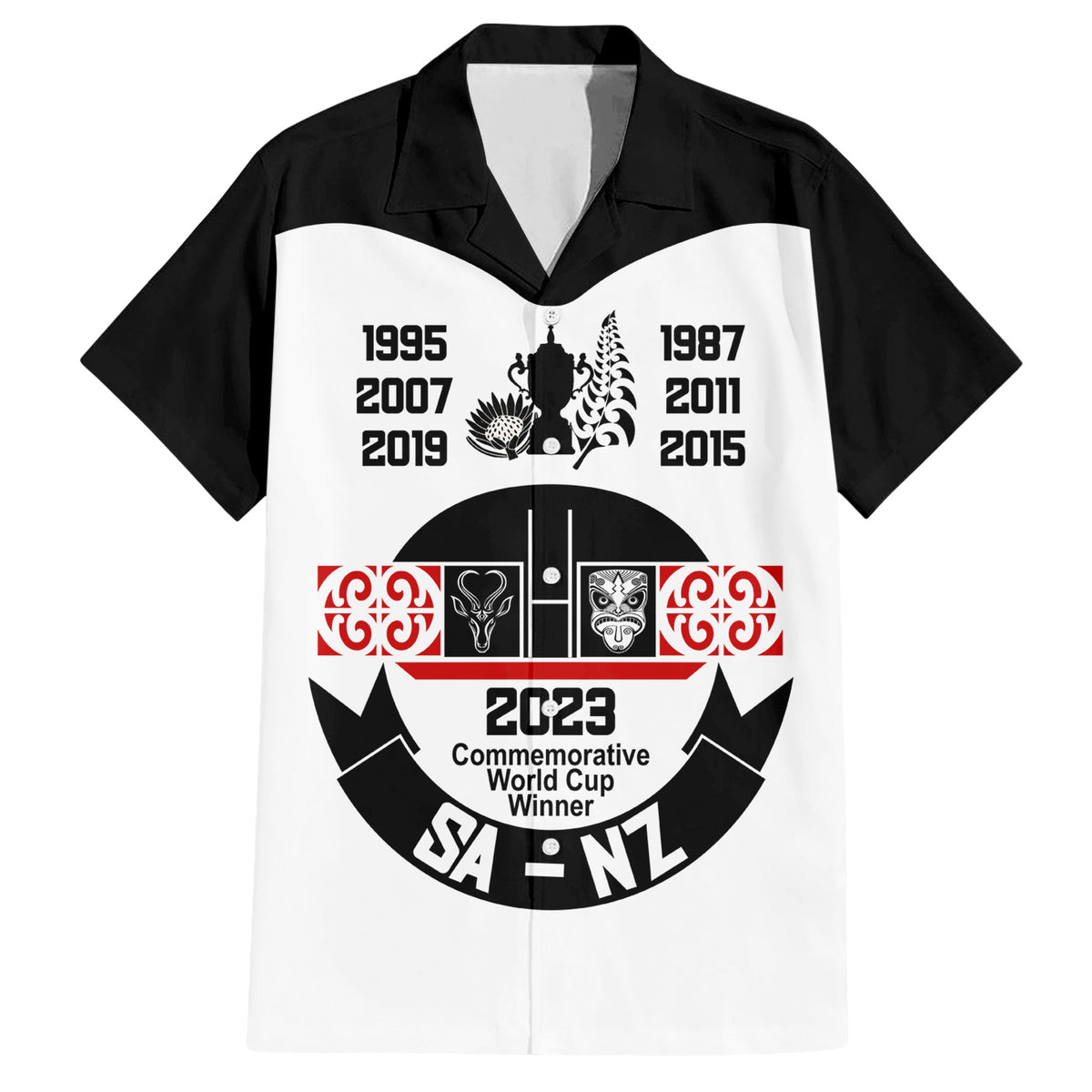 Personalised South Africa and New Zealand Family Matching Short Sleeve Bodycon Dress and Hawaiian Shirt Champion History Go Final 2023 Vintage Style LT03 Dad's Shirt - Short Sleeve White - Polynesian Pride