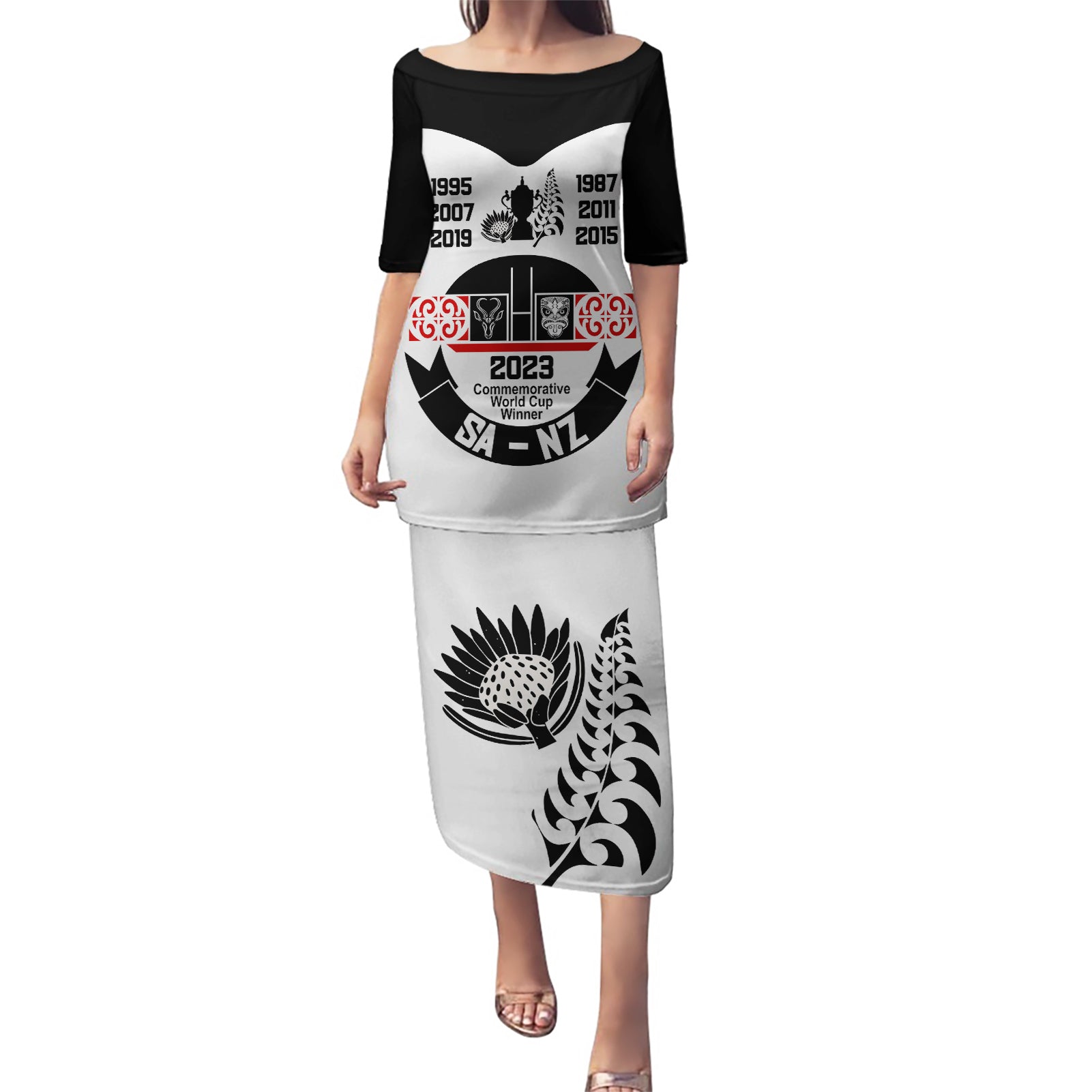 Personalised South Africa and New Zealand Puletasi Champion History Go Final 2023 Vintage Style LT03 Long Dress White - Polynesian Pride