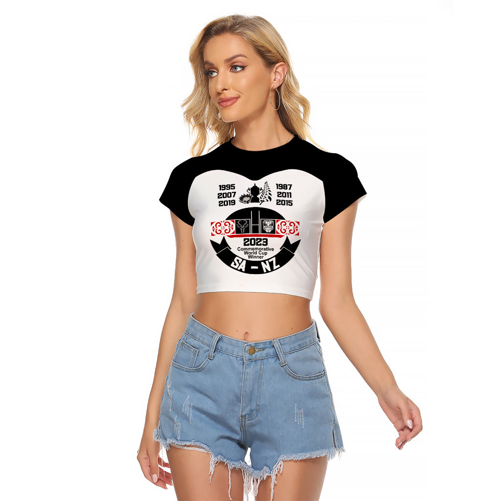 Personalised South Africa and New Zealand Raglan Cropped T Shirt Champion History Go Final 2023 Vintage Style LT03 Female White - Polynesian Pride