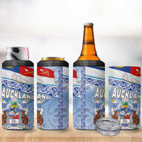 New Zealand Auckland 4 in 1 Can Cooler Tumbler Auckland's Flag and Coat of Arms - Koru Art Maori Pattern