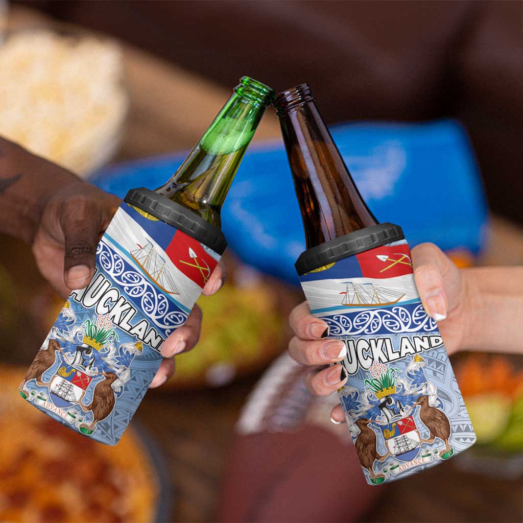 New Zealand Auckland 4 in 1 Can Cooler Tumbler Auckland's Flag and Coat of Arms - Koru Art Maori Pattern