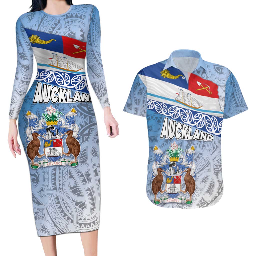 New Zealand Auckland Couples Matching Long Sleeve Bodycon Dress and Hawaiian Shirt Auckland's Flag and Coat of Arms - Koru Art Maori Pattern