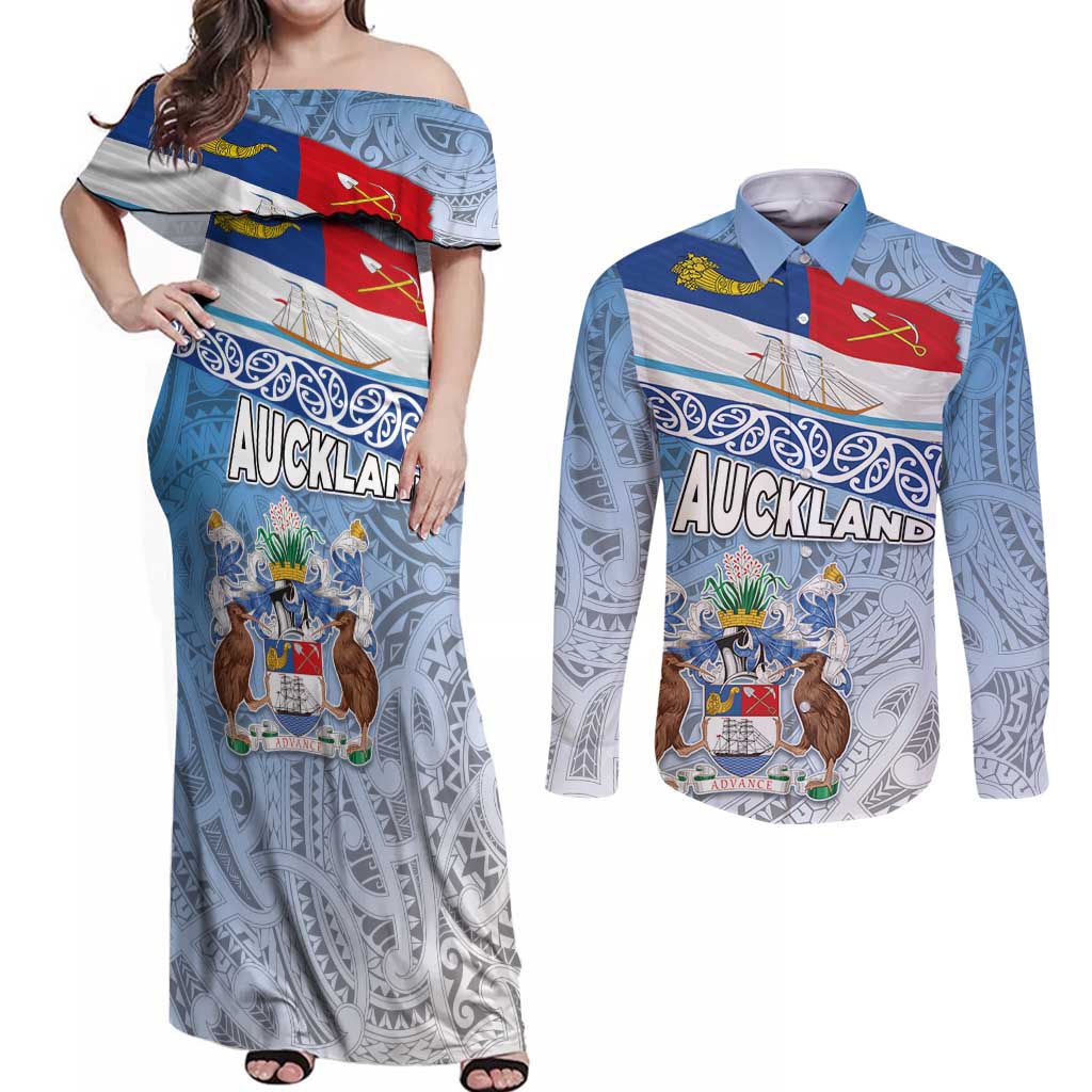 New Zealand Auckland Couples Matching Off Shoulder Maxi Dress and Long Sleeve Button Shirt Auckland's Flag and Coat of Arms - Koru Art Maori Pattern
