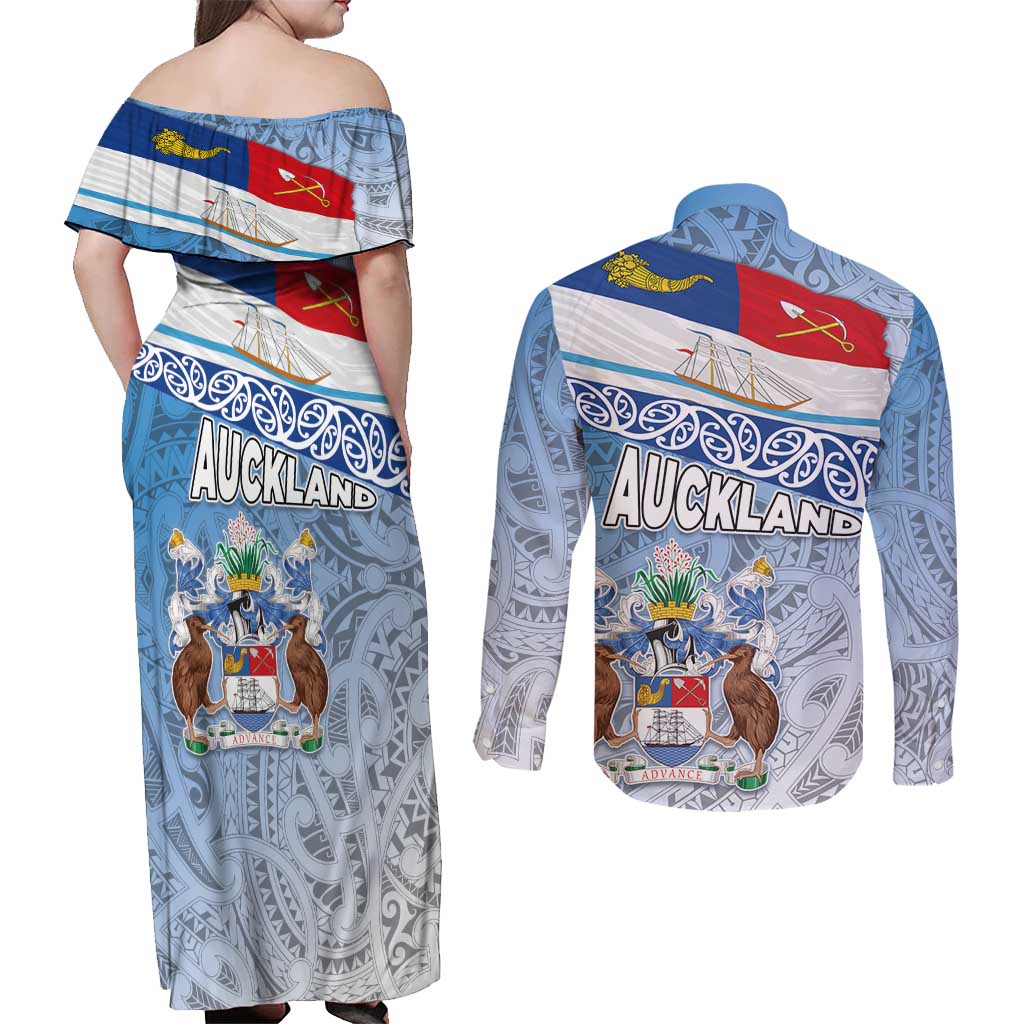 New Zealand Auckland Couples Matching Off Shoulder Maxi Dress and Long Sleeve Button Shirt Auckland's Flag and Coat of Arms - Koru Art Maori Pattern