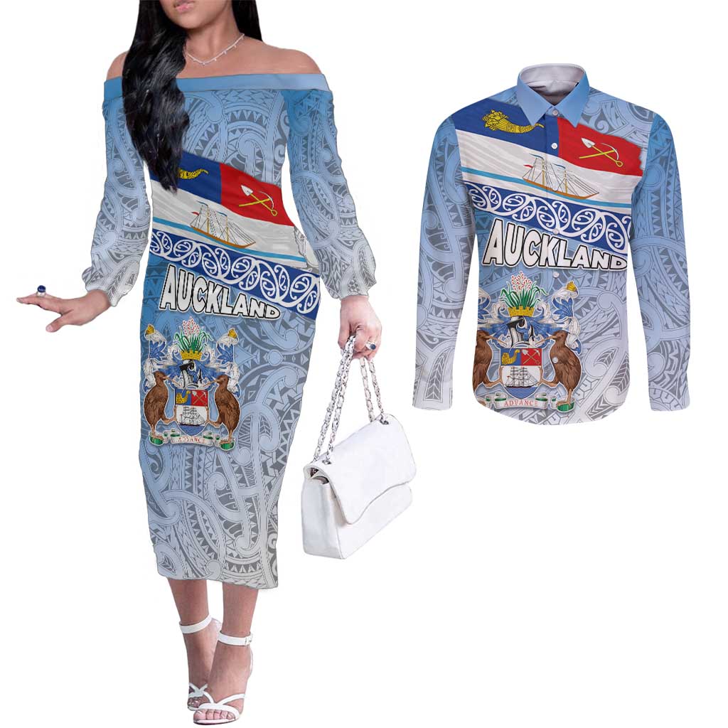New Zealand Auckland Couples Matching Off The Shoulder Long Sleeve Dress and Long Sleeve Button Shirt Auckland's Flag and Coat of Arms - Koru Art Maori Pattern
