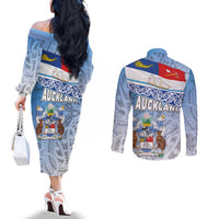 New Zealand Auckland Couples Matching Off The Shoulder Long Sleeve Dress and Long Sleeve Button Shirt Auckland's Flag and Coat of Arms - Koru Art Maori Pattern