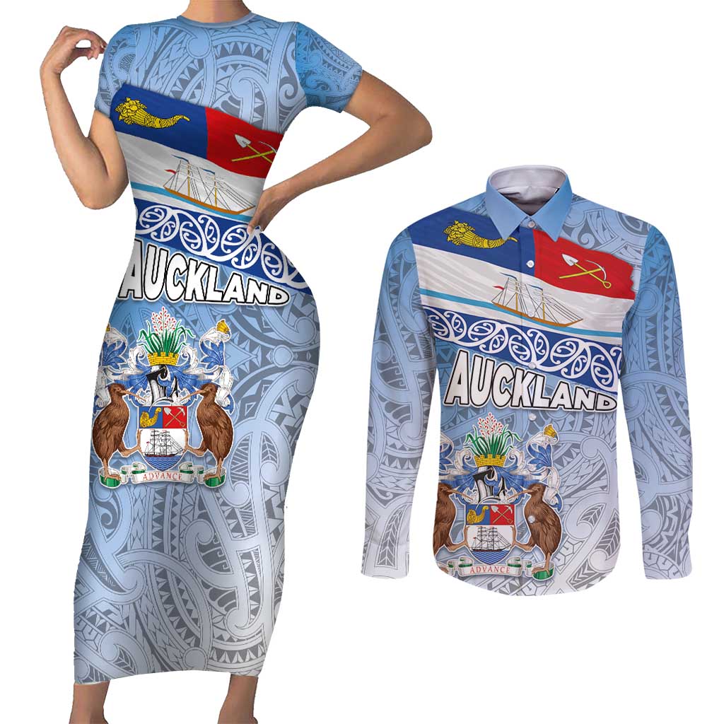 New Zealand Auckland Couples Matching Short Sleeve Bodycon Dress and Long Sleeve Button Shirt Auckland's Flag and Coat of Arms - Koru Art Maori Pattern