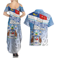 New Zealand Auckland Couples Matching Summer Maxi Dress and Hawaiian Shirt Auckland's Flag and Coat of Arms - Koru Art Maori Pattern