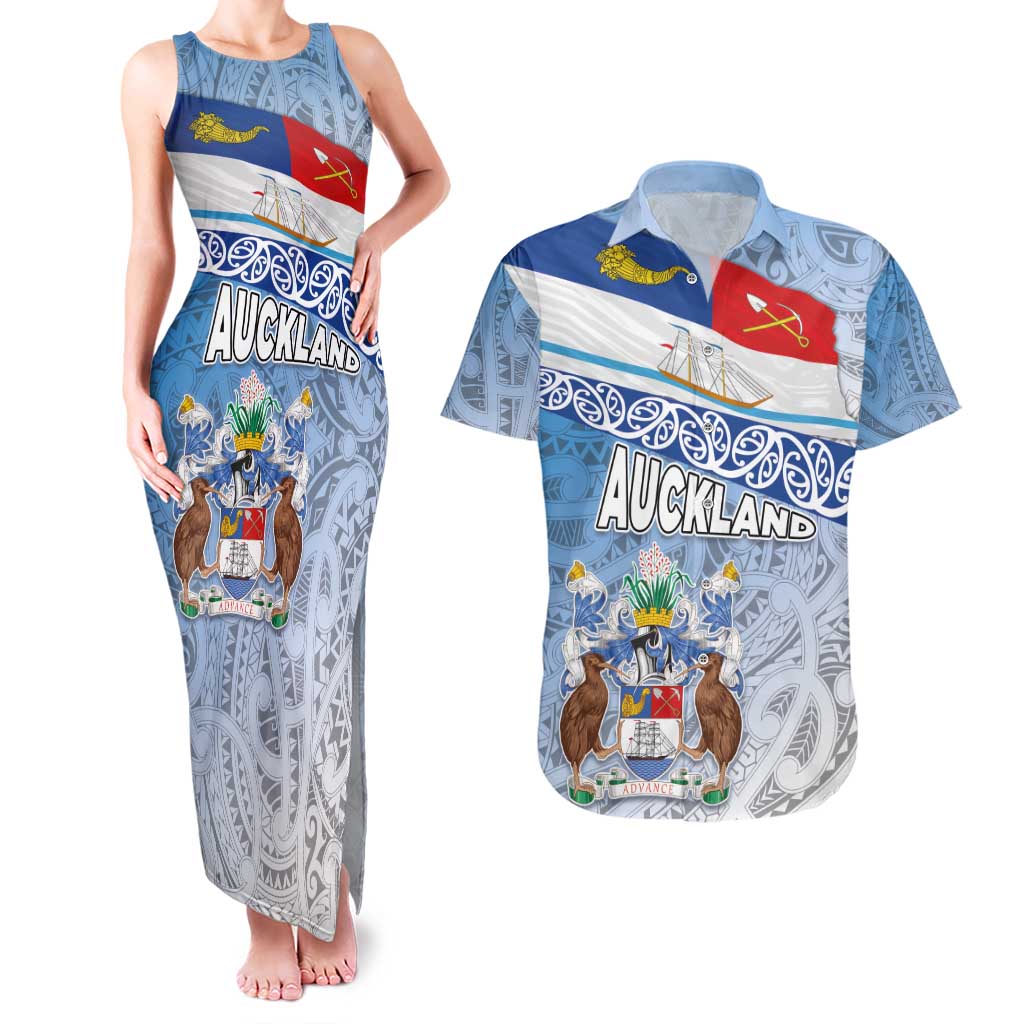 New Zealand Auckland Couples Matching Tank Maxi Dress and Hawaiian Shirt Auckland's Flag and Coat of Arms - Koru Art Maori Pattern