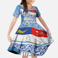 New Zealand Auckland Family Matching Summer Maxi Dress and Hawaiian Shirt Auckland's Flag and Coat of Arms - Koru Art Maori Pattern LT03 Daughter's Dress Light Blue - Polynesian Pride