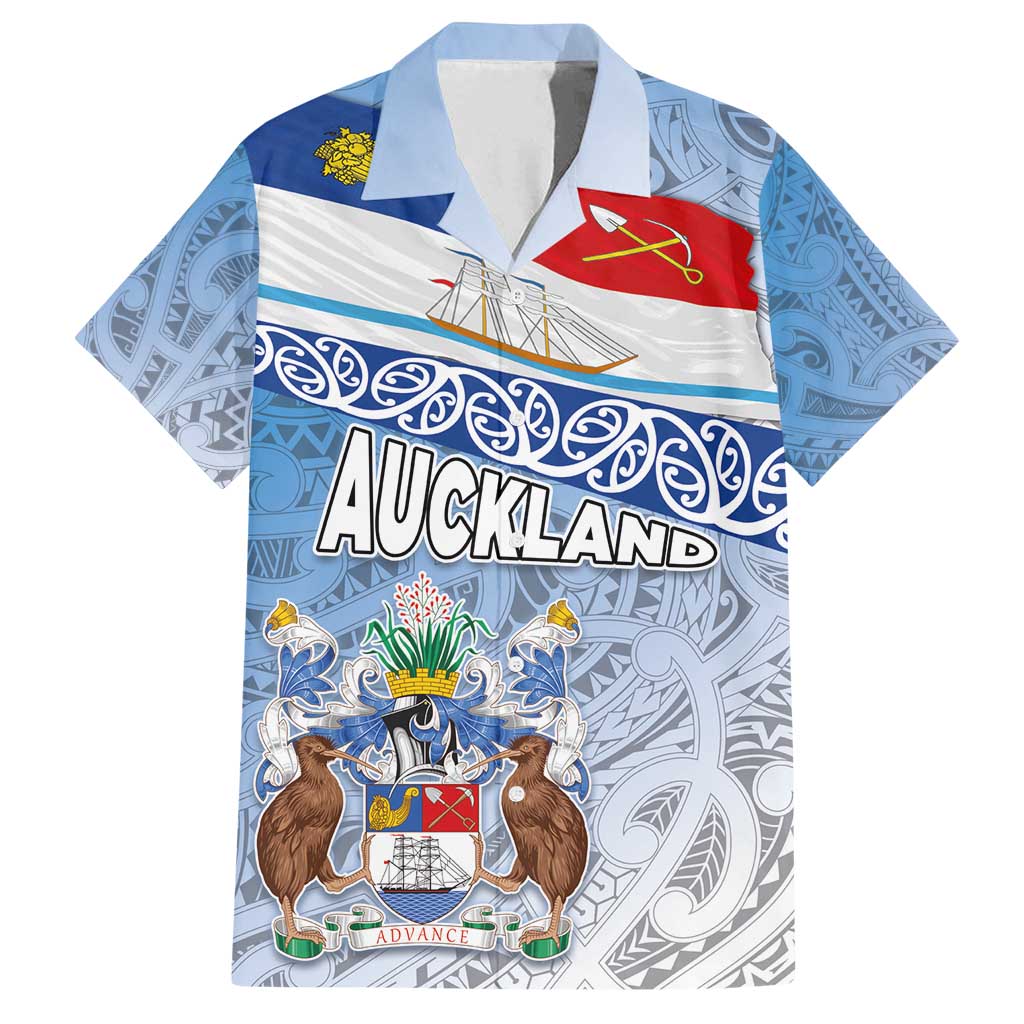New Zealand Auckland Family Matching Summer Maxi Dress and Hawaiian Shirt Auckland's Flag and Coat of Arms - Koru Art Maori Pattern LT03 Dad's Shirt - Short Sleeve Light Blue - Polynesian Pride