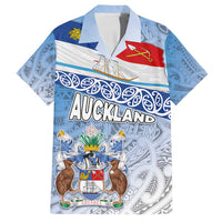 New Zealand Auckland Family Matching Summer Maxi Dress and Hawaiian Shirt Auckland's Flag and Coat of Arms - Koru Art Maori Pattern LT03 Dad's Shirt - Short Sleeve Light Blue - Polynesian Pride