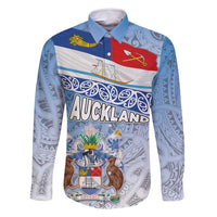 New Zealand Auckland Family Matching Summer Maxi Dress and Hawaiian Shirt Auckland's Flag and Coat of Arms - Koru Art Maori Pattern LT03 Dad's Shirt - Long Sleeve Light Blue - Polynesian Pride