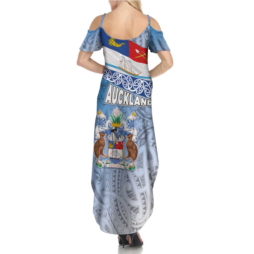New Zealand Auckland Family Matching Summer Maxi Dress and Hawaiian Shirt Auckland's Flag and Coat of Arms - Koru Art Maori Pattern LT03 - Polynesian Pride