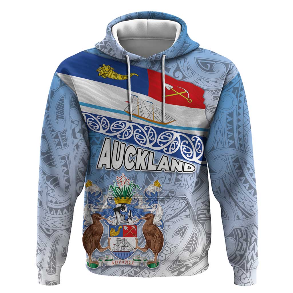 New Zealand Auckland Hoodie Auckland's Flag and Coat of Arms - Koru Art Maori Pattern