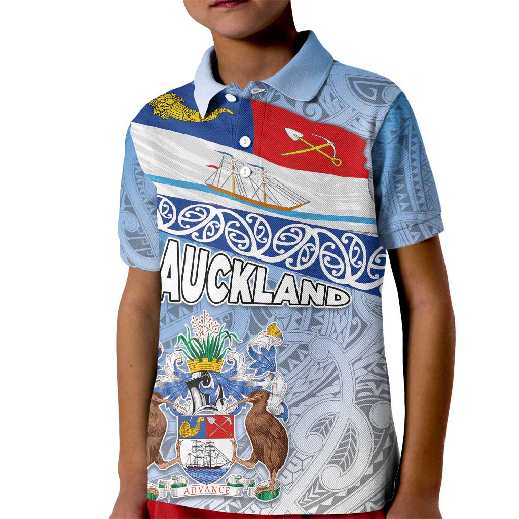 New Zealand Auckland Kid Polo Shirt Auckland's Flag and Coat of Arms - Koru Art Maori Pattern