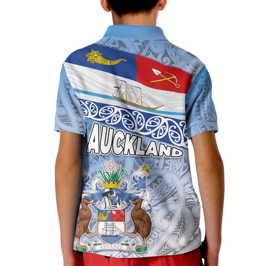 New Zealand Auckland Kid Polo Shirt Auckland's Flag and Coat of Arms - Koru Art Maori Pattern
