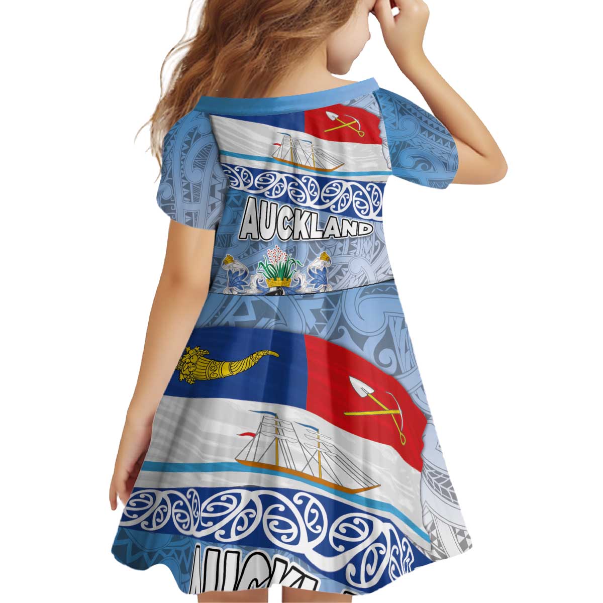 New Zealand Auckland Kid Short Sleeve Dress Auckland's Flag and Coat of Arms - Koru Art Maori Pattern LT03 - Polynesian Pride